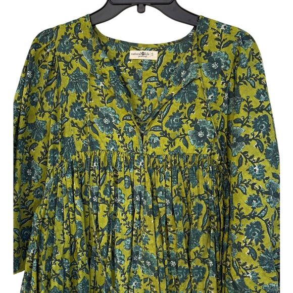 Natural Life Aimee Green Floral Puff Sleeve Mini Tunic Dress VNeck Boho Cotton S - Picture 9 of 12